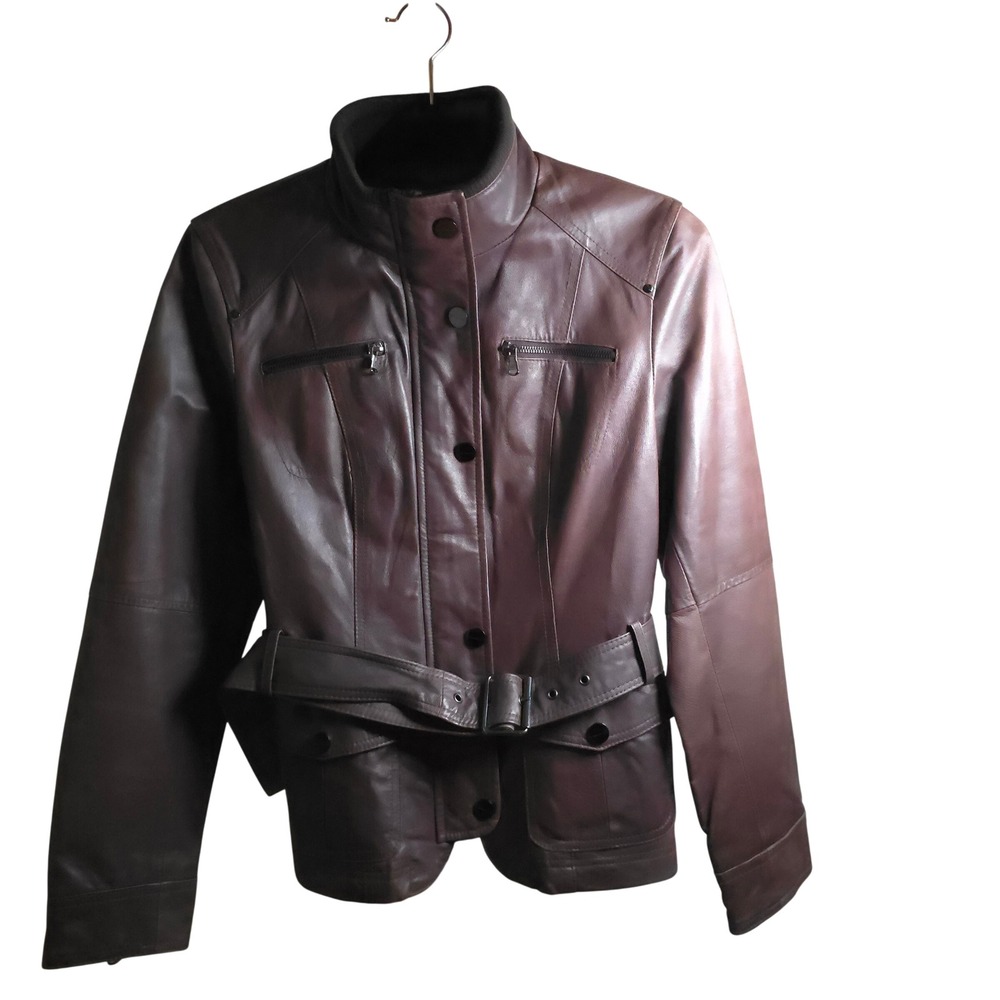 Kenneth Cole Reaction Brown Leather Jacket Women's Medium Belted Moto Zip Cuffs - Picture 2 of 15